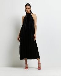 RIVER ISLAND BLACK SHIMMER MIDI DRESS | sleeveless pleated high neck evening dresses | women’s party clothing