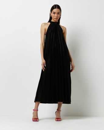 RIVER ISLAND BLACK SHIMMER MIDI DRESS | sleeveless pleated high neck evening dresses | women’s party clothing - flipped