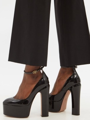 VALENTINO GARAVANI Tan-Go leather platform pumps ~ super high black patent chunky platforms ~ women’s retro footwear ~ 70s vintage inspired high heels