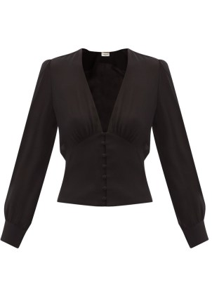 SAINT LAURENT V-neck crepe blouse in black | deep plunge V-neck blouses | women’s designer clothes | womens plunge front tops - flipped