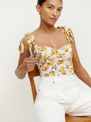 REFORMATION Blanca Top in Lemonade / women’s tie shoulder strap lemon print tops / womens summer clothes - flipped