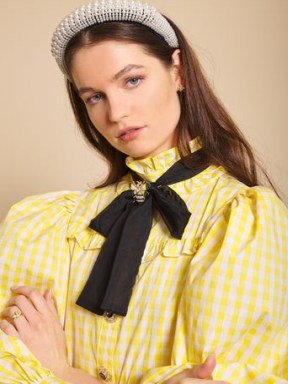 sister jane DREAM BEE BOTANICAL Flutter Gingham Bow Blouse in Mimosa – women’s voluminous yellow checked high neck blouses – womens romantic style balloon sleeve shirts