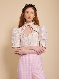 sister jane Syrup Bloom Jacquard Top / romantic style puff sleeve high neck tops / vintage inspired floral blouses