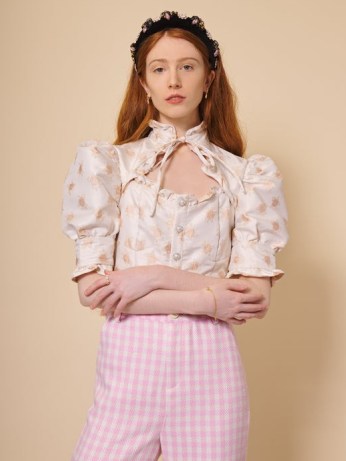 sister jane Syrup Bloom Jacquard Top / romantic style puff sleeve high neck tops / vintage inspired floral blouses - flipped
