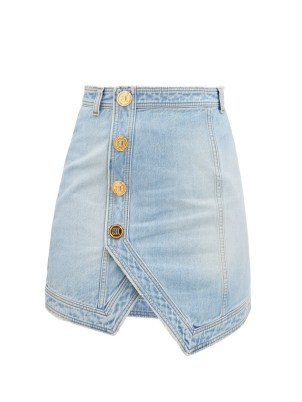 BALMAIN Asymmetric denim mini skirt ~ blue washed denim gold button detail skirts - flipped