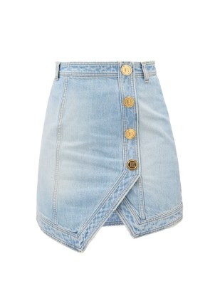 BALMAIN Asymmetric denim mini skirt ~ blue washed denim gold button detail skirts