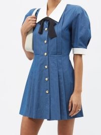 ALESSANDRA RICH Bow-tie cotton-chambray mini dress ~ blue puff sleeved vintage style dresses ~ lightweight denim clothing ~ women’s retro designer fashion