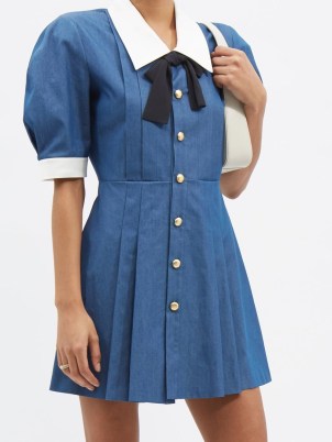 ALESSANDRA RICH Bow-tie cotton-chambray mini dress ~ blue puff sleeved vintage style dresses ~ lightweight denim clothing ~ women’s retro designer fashion - flipped