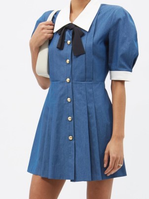 ALESSANDRA RICH Bow-tie cotton-chambray mini dress ~ blue puff sleeved vintage style dresses ~ lightweight denim clothing ~ women’s retro designer fashion
