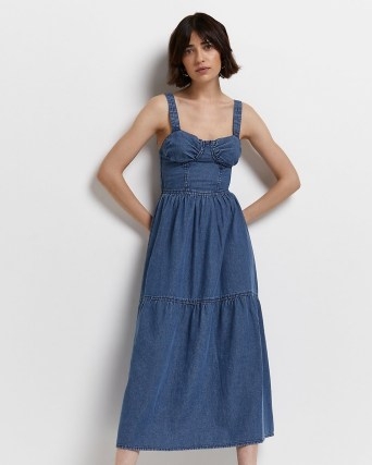 RIVER ISLAND BLUE DENIM SMOCK MIDI DRESS | women’s sleeveless corset style summer dresses - flipped