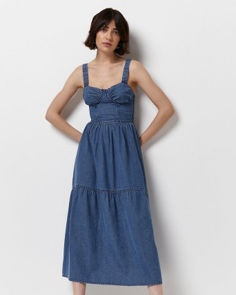 RIVER ISLAND BLUE DENIM SMOCK MIDI DRESS | women’s sleeveless corset style summer dresses