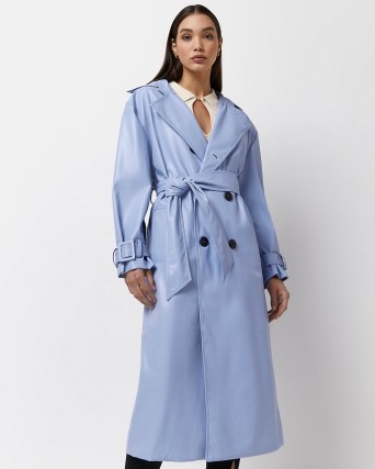 RIVER ISLAND BLUE FAUX LEATHER OVERSIZED TRENCH COAT ~ women’s luxe style belted tie waist coats - flipped