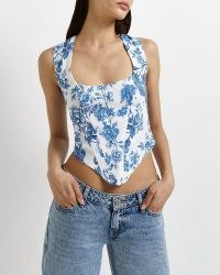 RIVER ISLAND BLUE FLORAL CORSET CROPPED TOP / sleeveless square neck fitted bodice tops