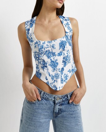 RIVER ISLAND BLUE FLORAL CORSET CROPPED TOP / sleeveless square neck fitted bodice tops