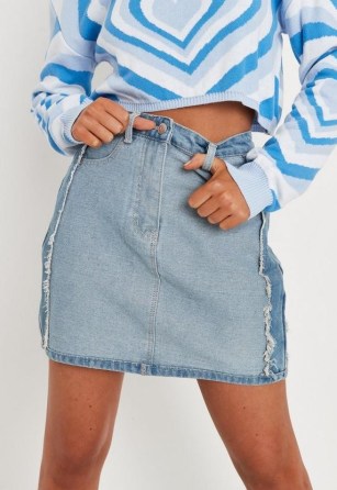 Missguided blue inside out distressed denim mini skirt | exposed seam skirts - flipped