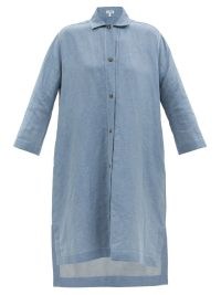 LOEWE Logo-embroidered linen-blend chambray shirt dress | blue lightweight denim dip hem dresses