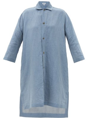 LOEWE Logo-embroidered linen-blend chambray shirt dress | blue lightweight denim dip hem dresses - flipped