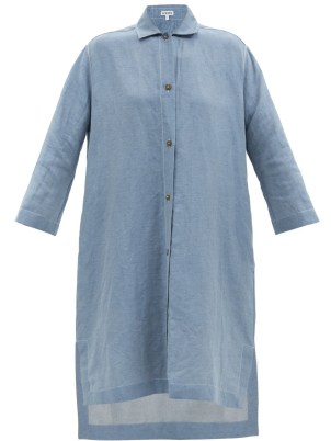LOEWE Logo-embroidered linen-blend chambray shirt dress | blue lightweight denim dip hem dresses