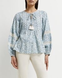 RIVER ISLAND BLUE PRINTED BRODERIE SMOCK TOP / women’s floral cotton boho tops
