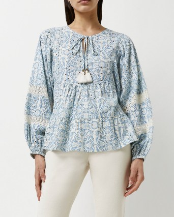 RIVER ISLAND BLUE PRINTED BRODERIE SMOCK TOP / women’s floral cotton boho tops - flipped