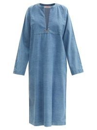 VALENTINO V-lacquer cotton-chambray kaftan | women’s blue lightweight denim kaftans | womens designer long sleeved shift style dresses