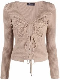 Blumarine butterfly embroidery ribbed cardigan light brown