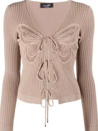Blumarine butterfly embroidery ribbed cardigan light brown - flipped