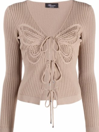 Blumarine butterfly embroidery ribbed cardigan light brown