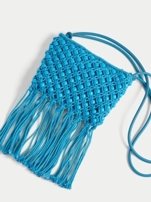 JIGSAW Brennan String Crossbody Bag / beaded vintage style bags / blue fringed retro shoulder bag - flipped