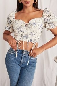 lavish alice broderie gathered strappy back top in porcelain | floral puff sleeve crop tops | milkmaid style fashion | womens summer cropped clothes