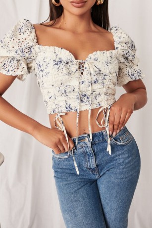 lavish alice broderie gathered strappy back top in porcelain | floral puff sleeve crop tops | milkmaid style fashion | womens summer cropped clothes - flipped