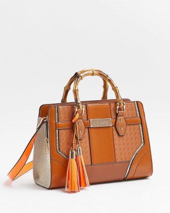 RIVER ISLAND BROWN BAMBOO DETAIL TOTE BAG ~ women’s fashion top handle handbags
