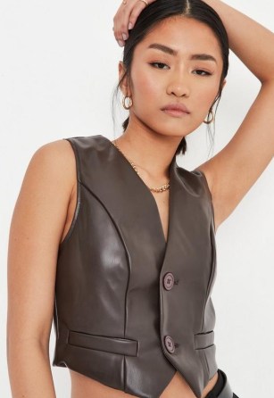 Missguided brown faux leather tailored waistcoat – womens waistcoats - flipped