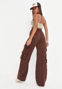 MISSGUIDED brown quilted pocket detail cargo joggers ~ women’s wode leg utility style jogging bottoms