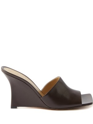 BOTTEGA VENETA Stretch square-toe leather wedge mules | brown wedged heel sandals | designer wedges - flipped
