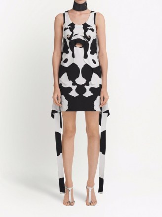 Burberry cow print draped mini dress / monochrome animal print dresses / cut out fashion / side drape detailing - flipped