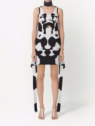 Burberry cow print draped mini dress / monochrome animal print dresses / cut out fashion / side drape detailing