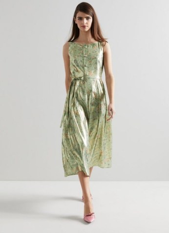 L.K. BENNETT CALLIE GREEN SILK LUREX APPLE BLOSSOM PRINT DRESS ~ shiny sleeveless tie waist occasion dresses ~ women’s floral summer event clothes - flipped
