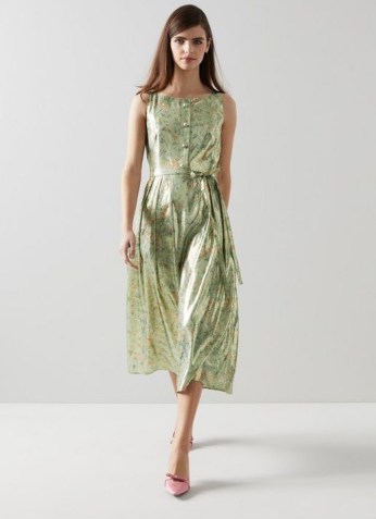 L.K. BENNETT CALLIE GREEN SILK LUREX APPLE BLOSSOM PRINT DRESS ~ shiny sleeveless tie waist occasion dresses ~ women’s floral summer event clothes