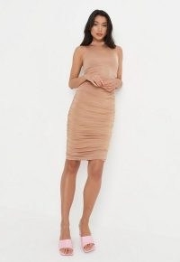 MISSGUIDED camel high neck ruched double layer slinky mini dress ~ light brown sleeveless form fitting dresses ~ women’s on-trend clothes ~ gathered detail fashion
