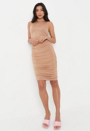 MISSGUIDED camel high neck ruched double layer slinky mini dress ~ light brown sleeveless form fitting dresses ~ women’s on-trend clothes ~ gathered detail fashion - flipped