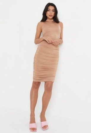 MISSGUIDED camel high neck ruched double layer slinky mini dress ~ light brown sleeveless form fitting dresses ~ women’s on-trend clothes ~ gathered detail fashion