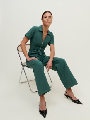 Reformation Cassidy Denim Jumpsuit in Jade | green short sleeved tie waist jumpsuits | women’s on-trend organic cotton clothes - flipped