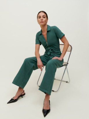 Reformation Cassidy Denim Jumpsuit in Jade | green short sleeved tie waist jumpsuits | women’s on-trend organic cotton clothes
