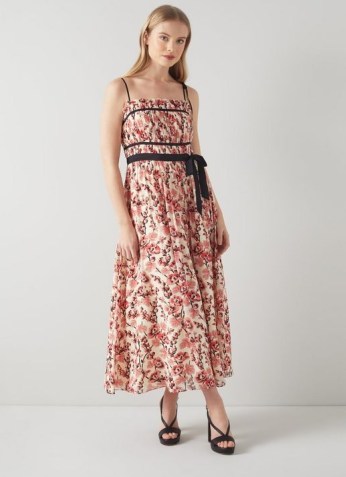 L.K. BENNETT CHARLOTTE CREAM GEORGETTE ENGLISH ROSE PRINT DRESS ~ tie shoulder strap summer occasion dresses ~ women’s sleeveless floral event clothing