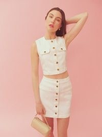 Reformation Cher Denim Two Piece Set Vintage White | womens on-trend clothing sets | sleeveless cropped top and skirt fashion co-ord | women’s summer tops and skirts co-ords