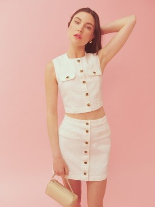 Reformation Cher Denim Two Piece Set Vintage White | womens on-trend clothing sets | sleeveless cropped top and skirt fashion co-ord | women’s summer tops and skirts co-ords