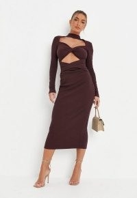MISSGUIDED chocolate high neck twist front midaxi dress – brown long sleeve cut out dresses
