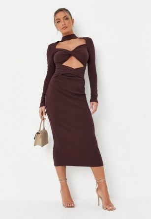 MISSGUIDED chocolate high neck twist front midaxi dress – brown long sleeve cut out dresses - flipped