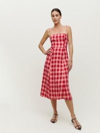 REFORMATION Christen Linen Dress Concha Check / womens red checked cami strap summer dresses / tie shoulder straps